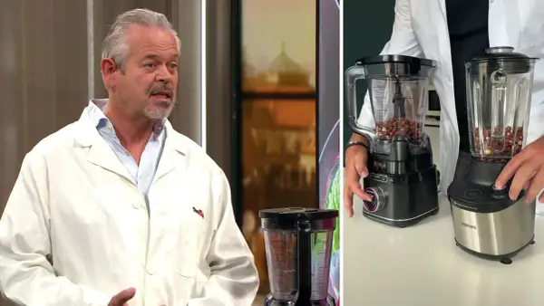 Man i labbrock utför en blender test med nötter i två olika mixers.