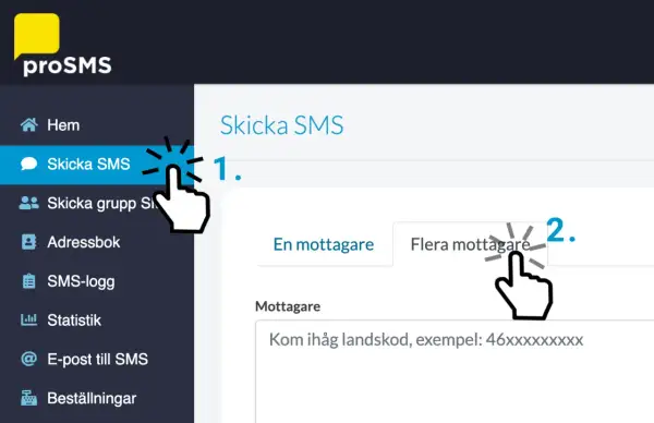 Här visas hur man skickar sms till flera samtidigt. Klicka på "Flera mottagare" för att lägga till fler mottagare.