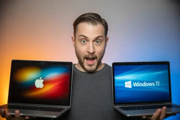 Man håller upp en MacBook med Apple-logga och en laptop med Windows 11. Vilken ska du välja, pc eller mac?
