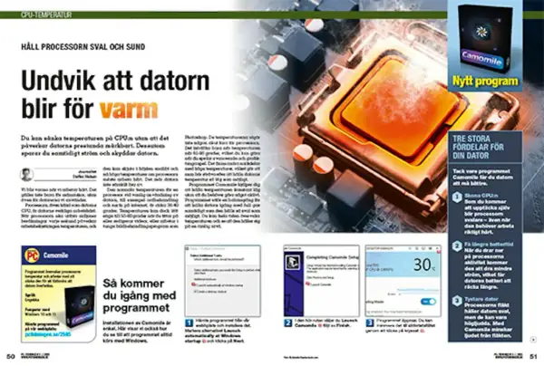 Datorns processor med en orange värmeledande platta. Texten "Undvik att datorn blir för varm" och "kolla temperatur dator" finns i bilden.