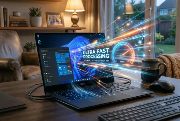 En Dell-laptop med Windows 11 visar "ULTRA FAST PROCESSING". Hårdvara och mjukvara samarbetar för maximal hastighet.