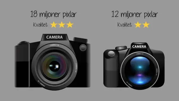 Två kameror jämförs: en med 18 miljoner pixlar och tre stjärnor i kvalitet, en annan med 12 miljoner pixlar och två stjärnor.