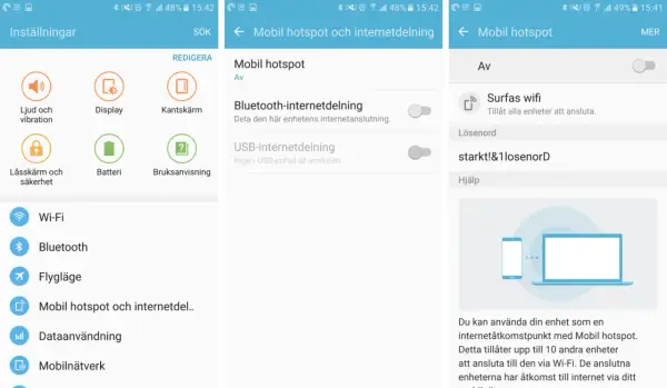 Inställningar för att dela internet via Samsung mobil hotspot.