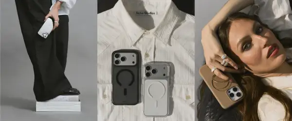 En person håller en vit MagSafe-mobil. Två skal ligger på en Acne Studios-skjorta. En kvinna med smycken visar upp ett brunt skal med MagSafe.