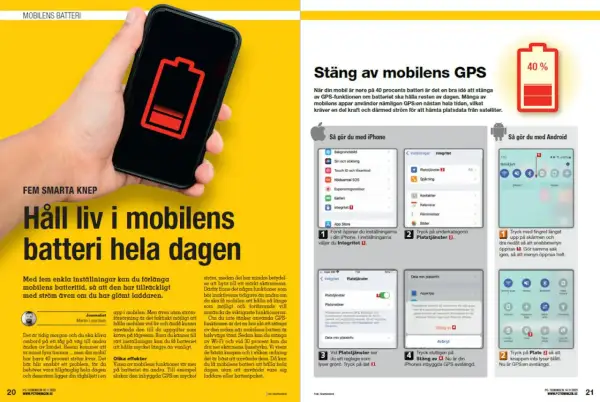 En hand håller en mobil med en batteriikon som visar låg laddning. Texten "Håll liv i mobilens batteri hela dagen" uppmanar till att ladda telefonen smart.