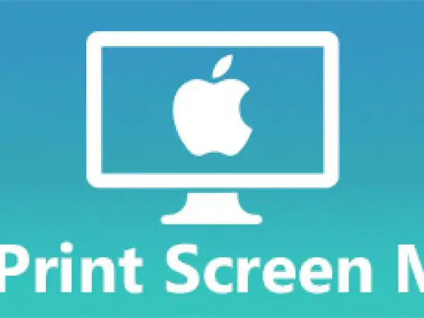 En vit datorskärm med ett Apple-logotyp på en blågrön bakgrund. Texten "Print Screen Mac" syns nedtill.