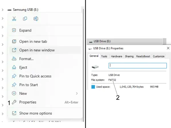 Egenskaperna för USB-enheten (E:) visar att filsystemet är FAT32.